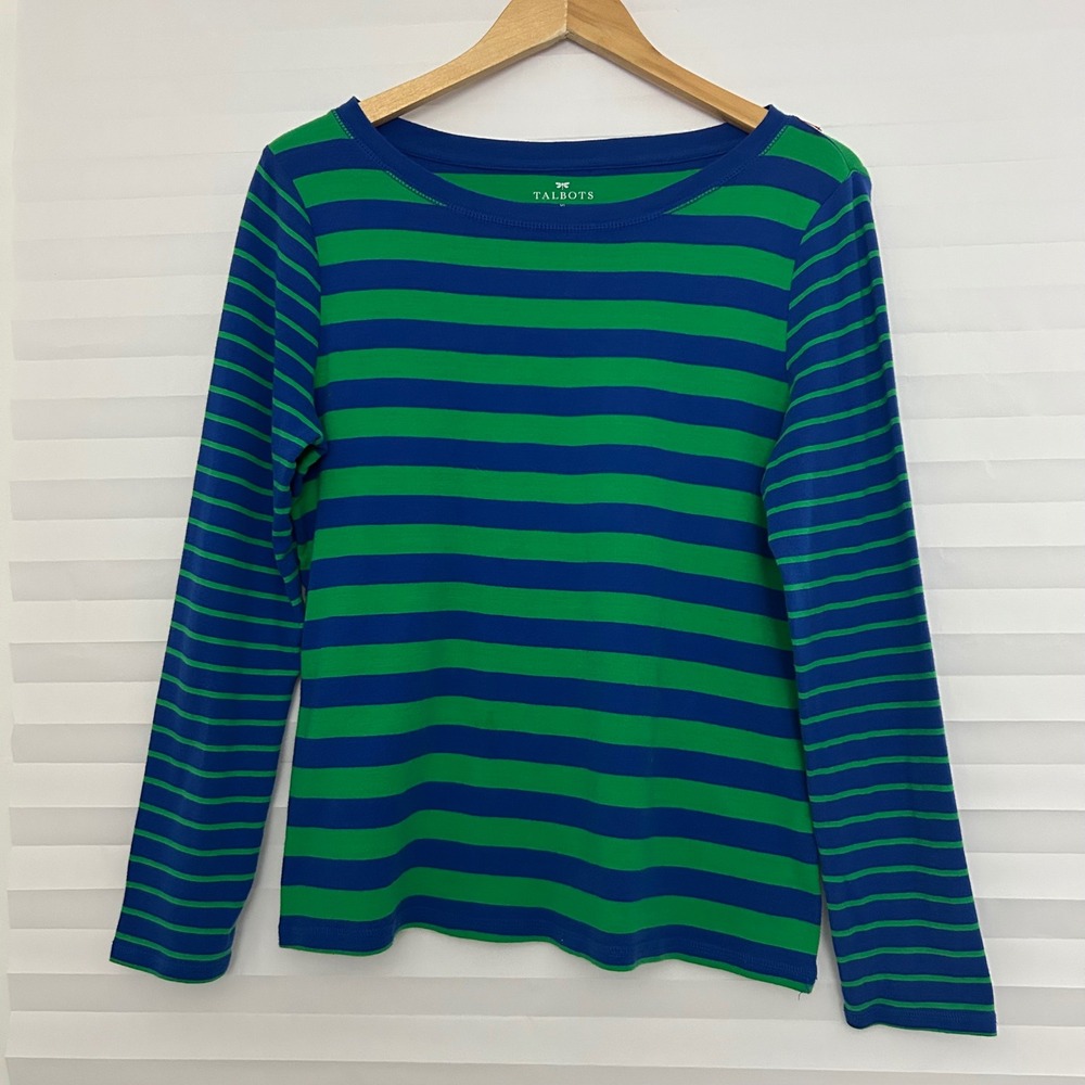 Talbots Womens XL Green Blue Striped Pima Cotton Long Sleeve Crew Neck Tee